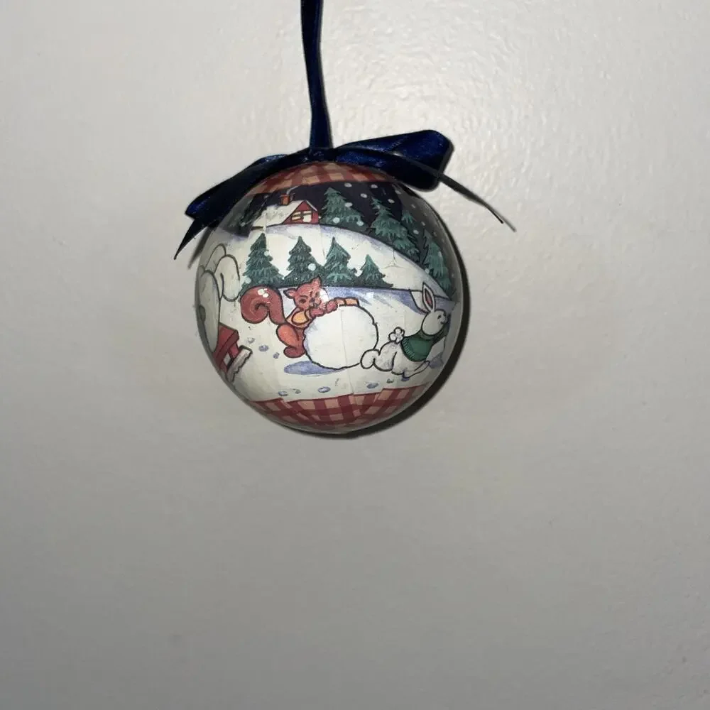 Vintage Snowman Family Ornament Squirrel, And Rabbit Snowball Fight